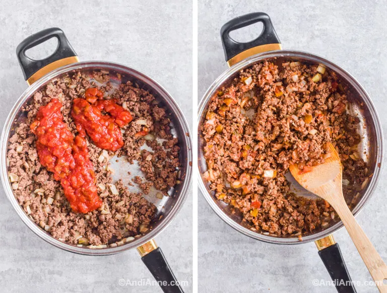 Two images of a pot: first with salsa on top of cooked ground beef. Second with salsa mixed into ground beef and wood spoon.