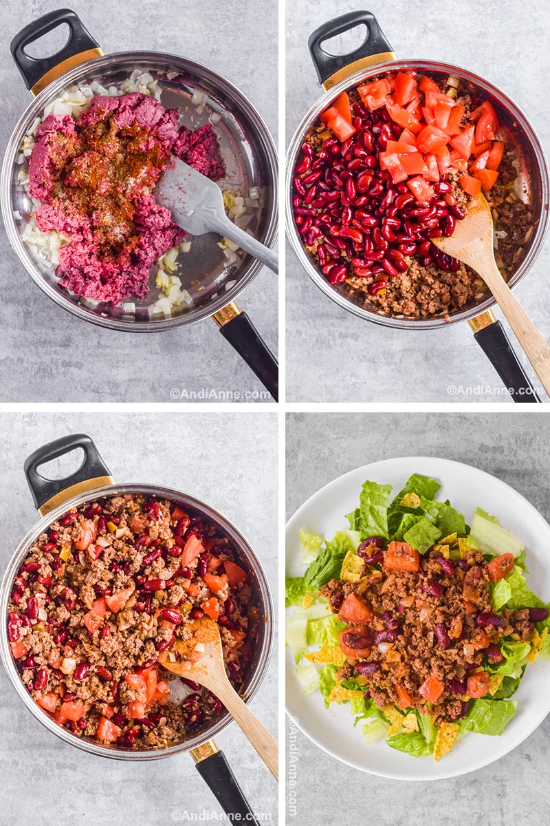 Four images of a metal pot: first with raw ground beef, spices and onion. Second with kidney beans and chopped tomatoes added in. Third with cooked ground beef, beans and tomatoes mixed together. Fourth is white plate with lettuce, crushed tortilla chips and taco beef mixture.