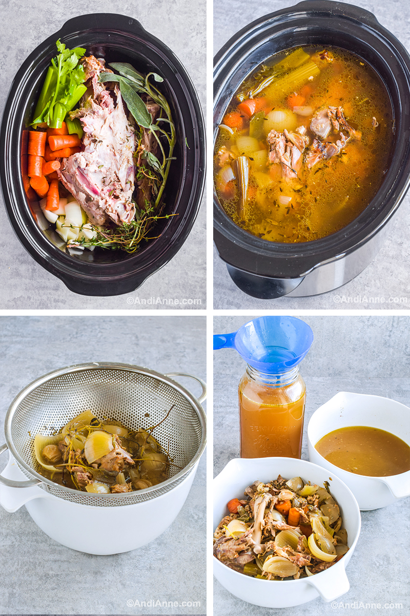 Four images showing steps to make recipe: First is ingredients in slow cooker without water. Second is cooked broth with ingredients after simmering for hours. Third is vegetable and turkey scraps in a fine mesh strainer over a bowl. Fourth is bowl of meat and veggie scraps, bowl and jar with broth.