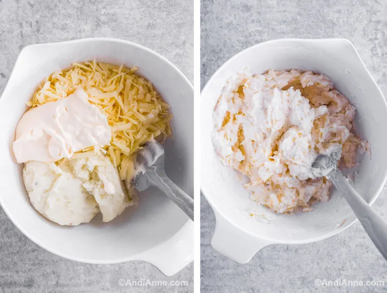 Two images of a white bowl: first with cheese, mayo and mashed potatoes. Second with ingredients mixed together and spatula.