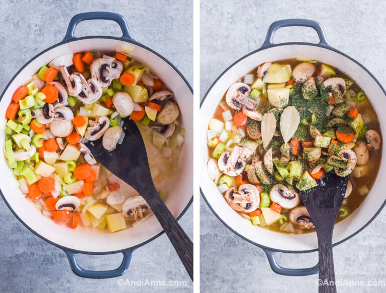 Two images: first with chopped vegetables and spatula in pot, second with spices dumped on top of vegetables and spatula.