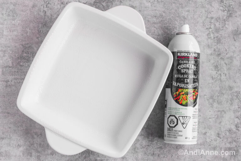 White square dish with nonstick cooking spray beside it.
