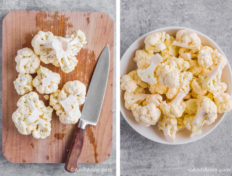 Two images, first is cauliflower florets on a cutting board with a knife. Second is florets in a bowl.