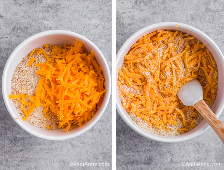 Two images of a white bowl: first with shredded cheese and breadcrumbs. Second is ingredients mixed together and small spatula.
