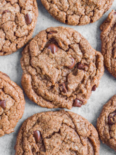 Overhead view of double chocolate chip cookies.