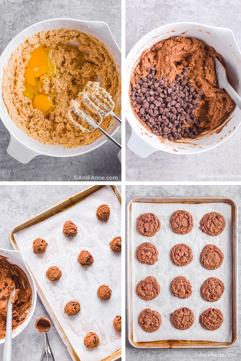 Four images showing steps to make recipe. First is a white bowl with the batter, eggs and a hand mixer. Second is chocolatey batter with chocolate chips and a spatula. Third is a baking sheet with balls of cookie dough and a cookie scoop beside it. Fourth is a baking sheet with baked cookies. 
