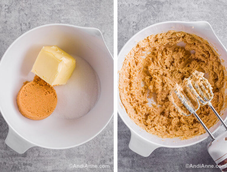 Two images of a white bowl: first with butter and sugars, second with creamed butter and sugar and a hand mixer.