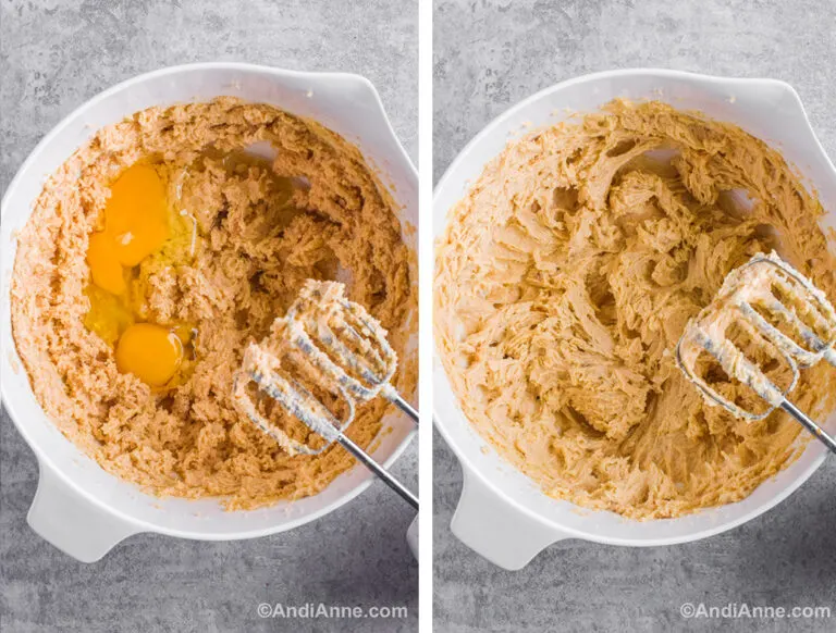 Two images of a white bowl. First with creamed butter and eggs on top. Second with creamed butter and eggs together and a hand mixer.