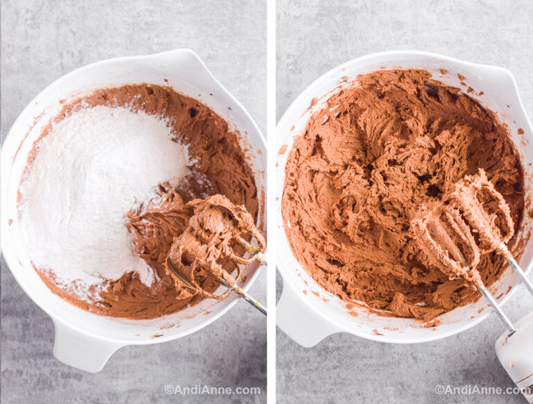 Two images: first is bowl of chocolate cookie dough and flour on top. Second is chocolate dough mixed together.