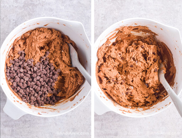 Two images, first is white bowl with brown dough and chocolate chips on top. Second is chocolate cookie dough mixed together in bowl.