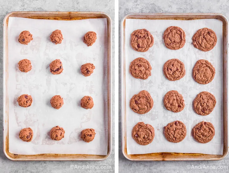 Two images of a baking sheet. First is unbaked cookies in round balls. Second is flattened baked cookies.