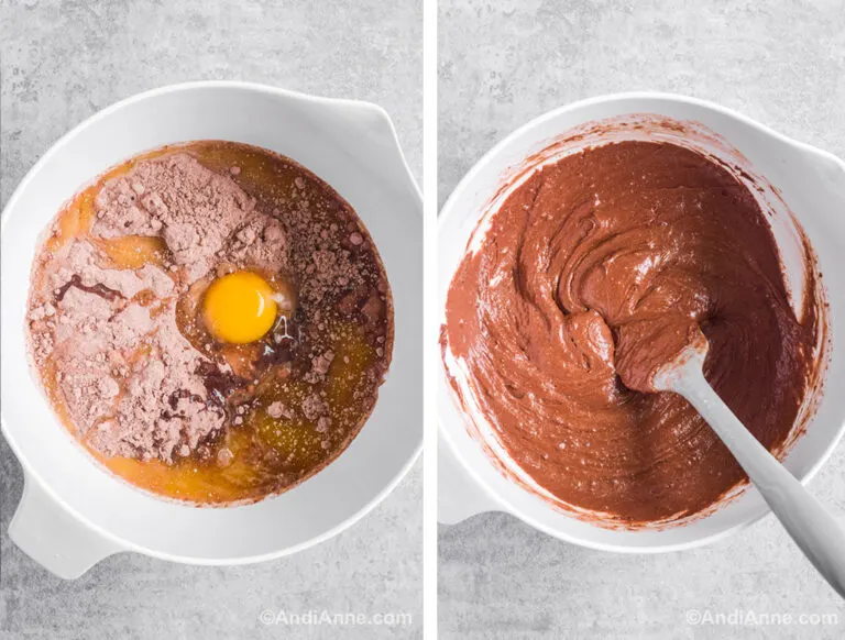 Two images of a large white bowl. First is dry cake mix, eggs, milk and melted butter in a bowl. Second is chocolate cake batter in a bowl with a spatula.