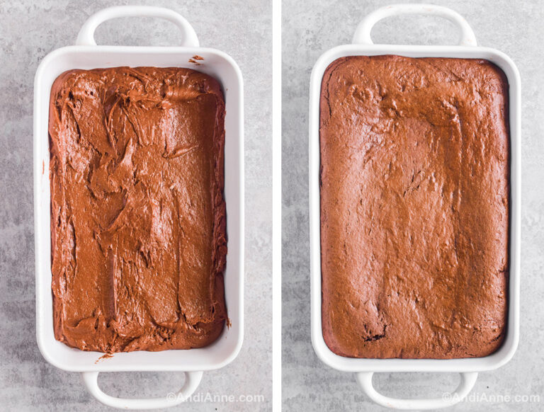 Two images of a white baking dish with handles: First is chocolate cake batter in a baking dish. Second is baked chocolate cake in the baking dish.