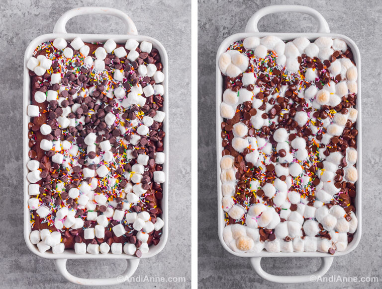Two images of a white baking dish with handles: first is unmelted chocolate, marshmallows and sprinkles on top. Second is melted ingredients after heating in oven.