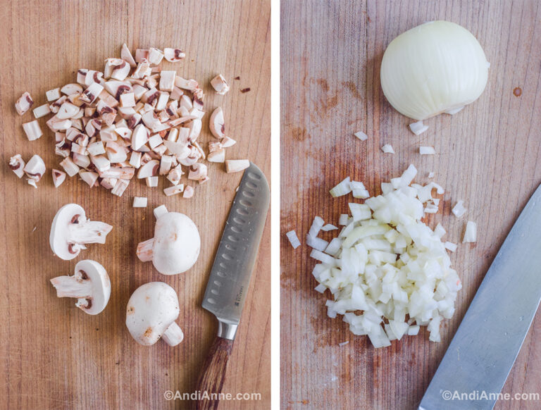 Two images: first is chopped mushrooms and a knife. Second is chopped onion and a knife.