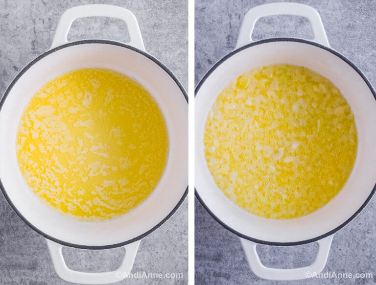 Two images of a white pot: first is with melted butter, second is with butter and chopped onions.
