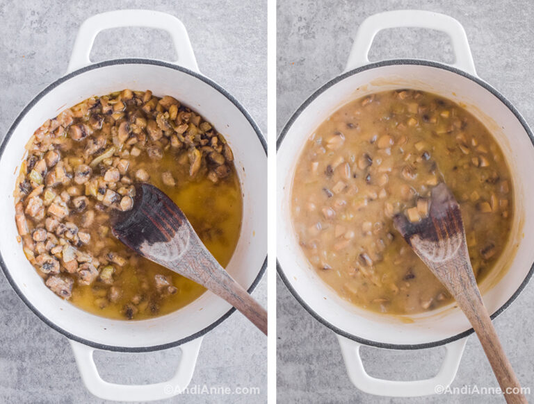 Two images of a white pot: first is mushrooms and broth. Second is thickened sauce with mushrooms and spatula.