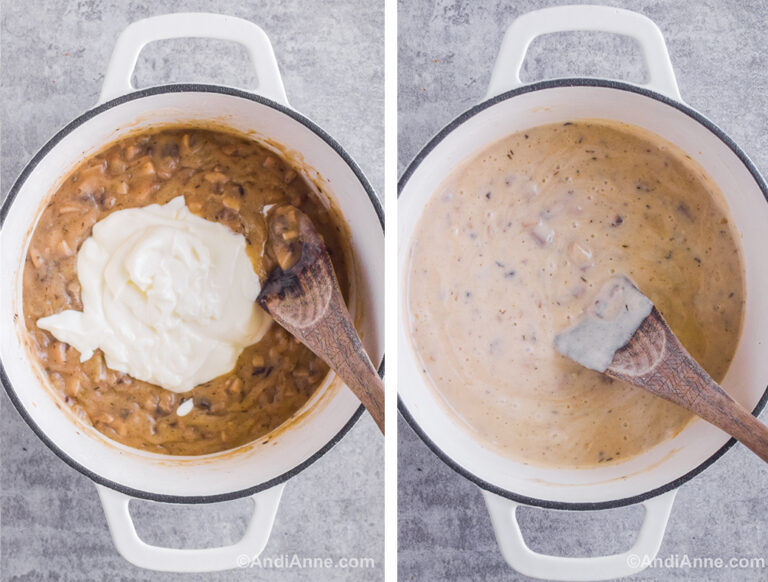 Two images of a white pot: first is sour cream dumped on top of mushroom sauce. Second is mushroom gravy sauce mixed together and a wood spatula.