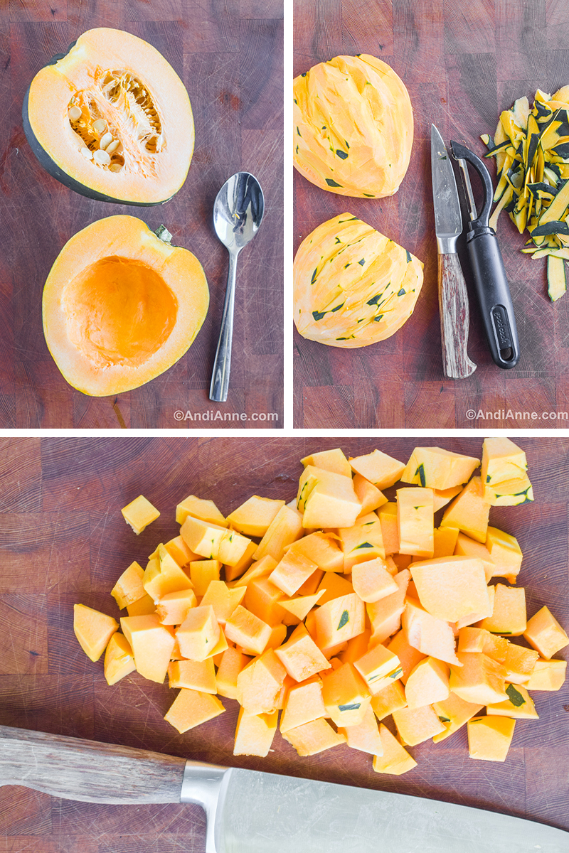 Three images showing steps to make acorn squash including squash sliced in half with seeds scooped out. Squash skin cut off with vegetable peeler and a knife. And chopped squash on the counter with a knife.