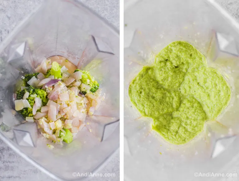 Two images looking into a blender: first is cooked onion and broccoli. Second is blended broccoli and onion.