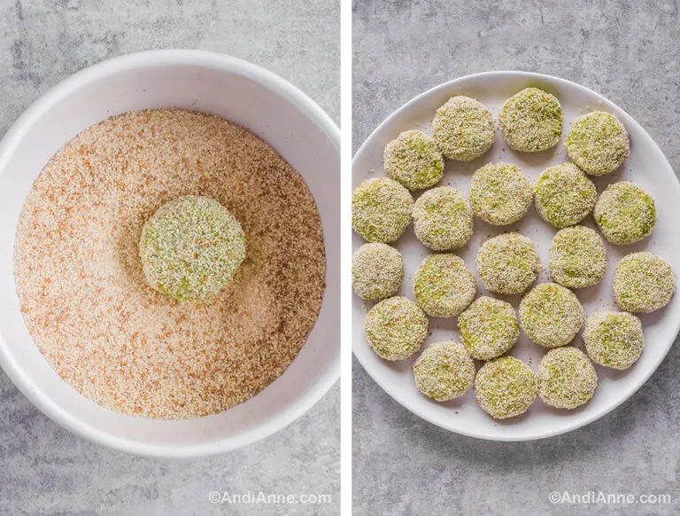 Two images, first is a white bowl with breadcrumbs and one nugget. Second is green nuggets on a white plate.