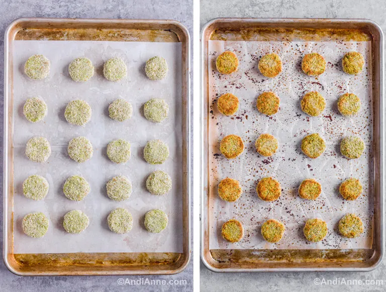 Two images of a baking sheet: first is uncooked nuggets in rows. Second is cooked nuggets with golden brown tops in rows.