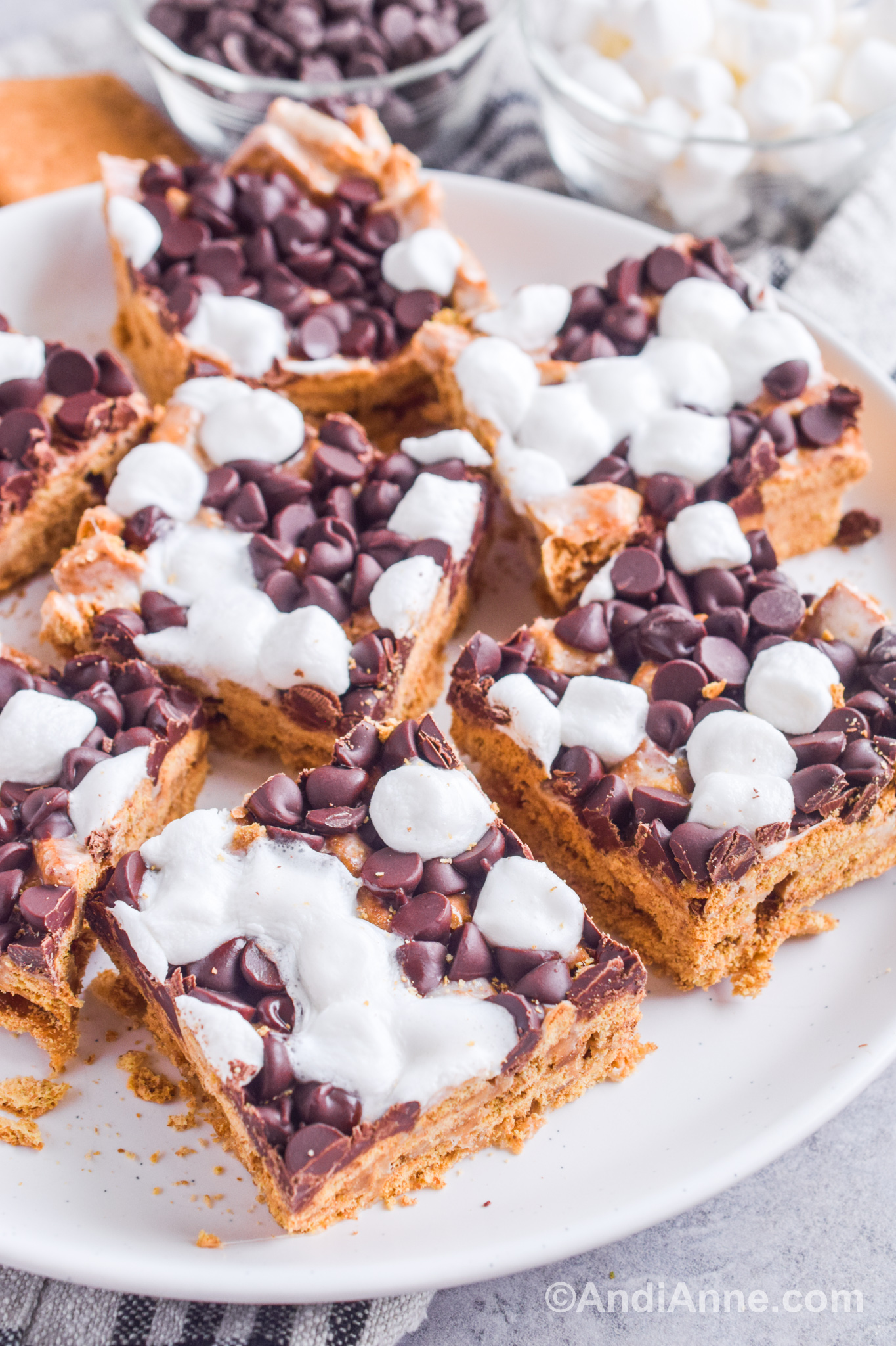 A plate of s'more bars with chocolate chips and marshmallows on top. A bowl of chocolate chips and marshmallows blurred in background.