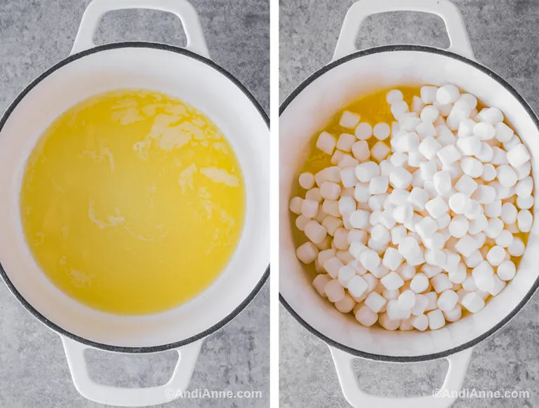 Two images of a white pot: first has melted butter. Second has marshmallows on top of melted butter.