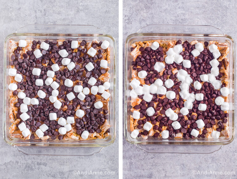 Two images of smore bars in a glass dish: first has chocolate chips and marshmallows unmelted, second is slightly melted on top.