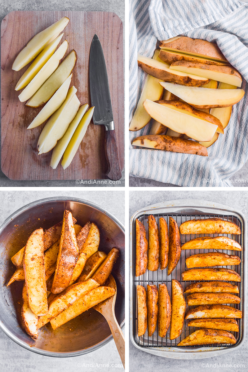 Four images of different steps to make the recipe. First is chopped potato slices on a cutting board. Second is wedges on a kitchen towel. Third is potato wedges in a steel bowl  tossed with spices and a spatula. Fourth is wedges on a baking rack in a single layer.
