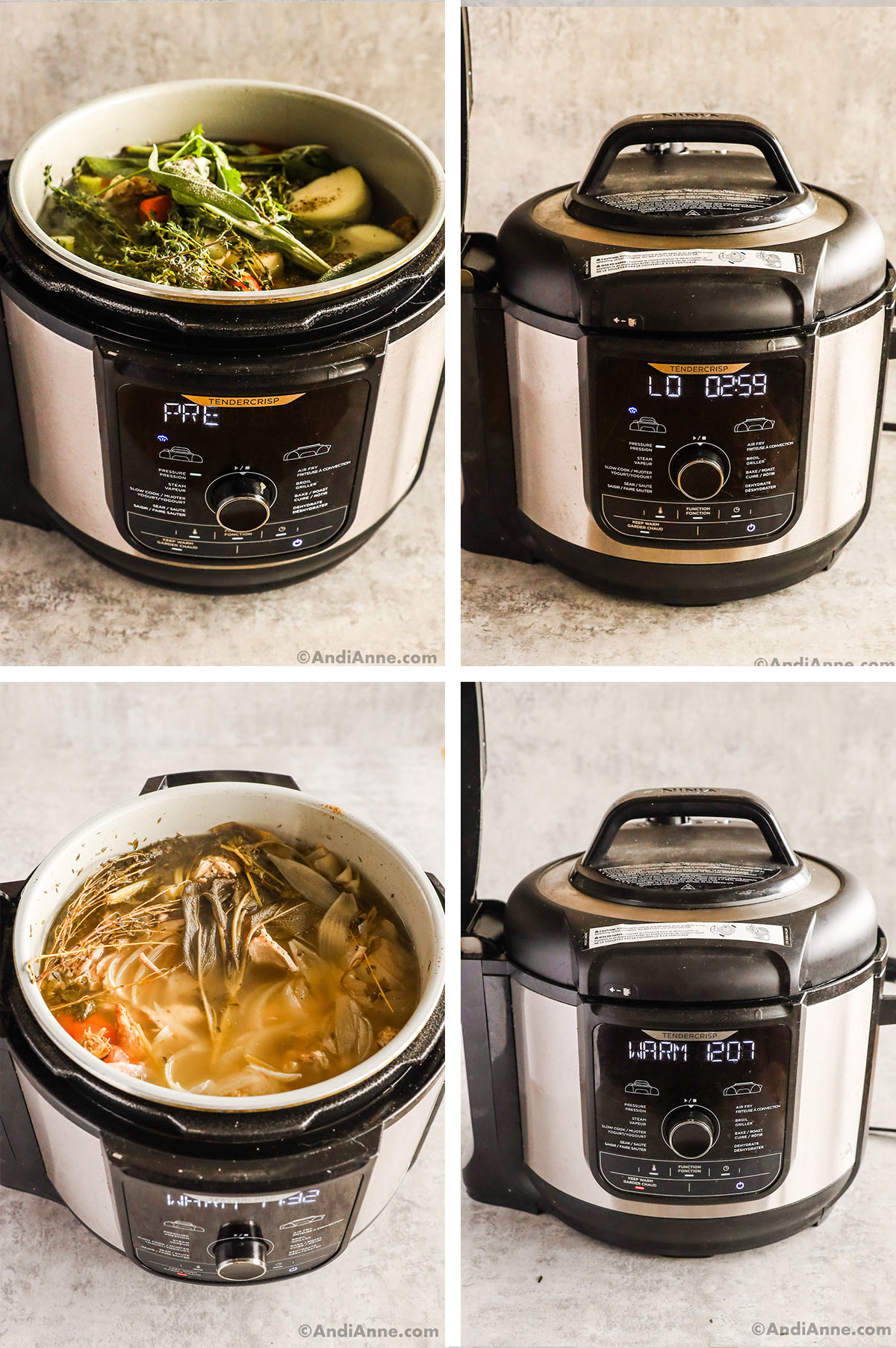 Four images, first is veggies in instant pot, second is sealed instant pot on low with 3 hour timer, third is cooked broth with ingredients still inside pot, fourth is lid on and warm setting. 