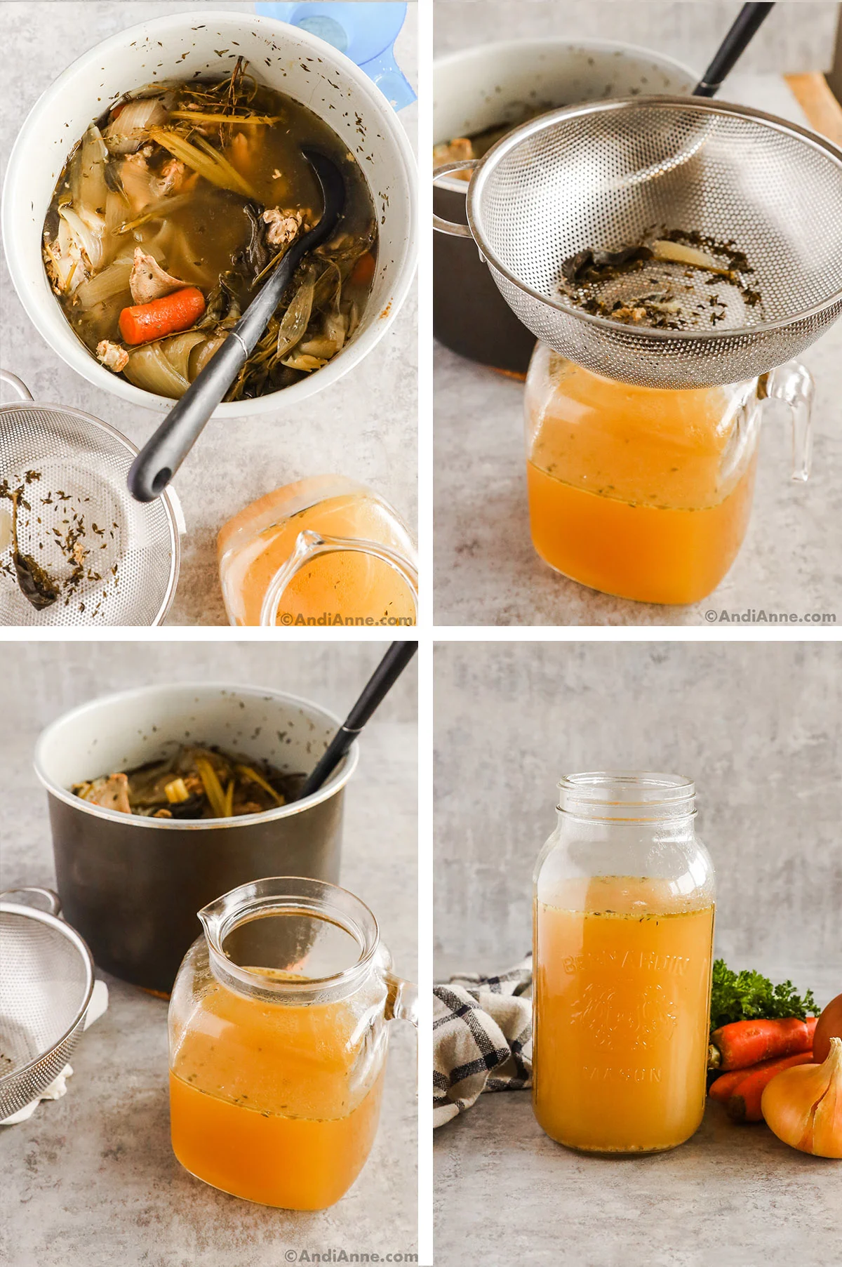 Four images first is instant pot with veggies and turkey carcass in water. Second is strainer sitting on glass jar, third is instant pot and jar of broth in front. Fourth is jar of turkey broth with veggies beside it.