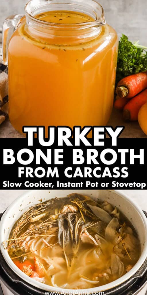 A jar of turkey stock and instant pot with turkey carcass and veggies in water.