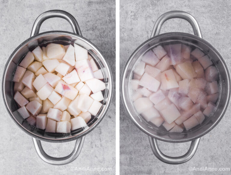 A pot with turnips boiling in water.