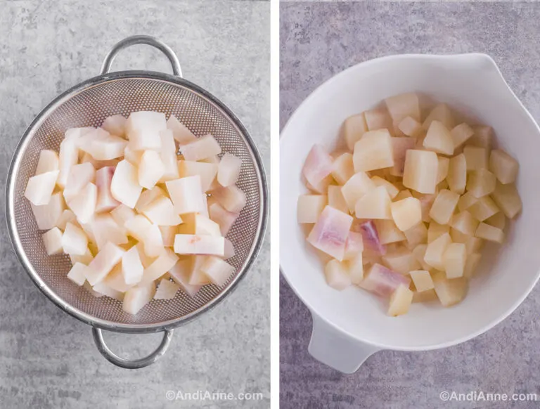 Drained turnips in a strainer. And turnips in a white bowl.