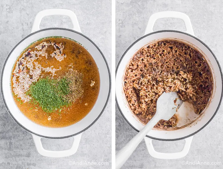 Two images of a white pot: first with liquid, herbs and uncooked rice. Second with cooked rice and a spatula.