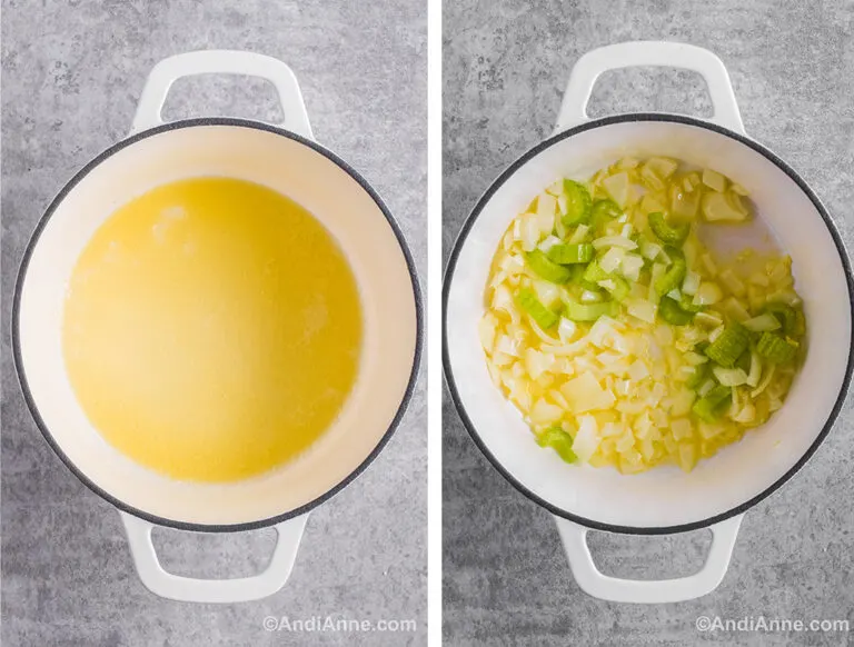 Two images of a white pot: first with melted butter, second with cooked onions, garlic and celery in melted butter.