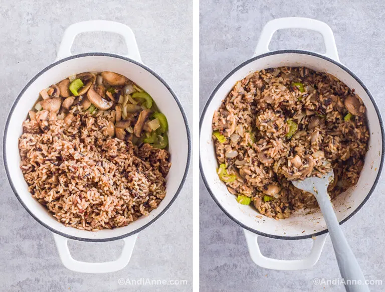Two images of a white pot: first with rice dumped on top of mushrooms. Second with rice, mushrooms and celery mixed together.