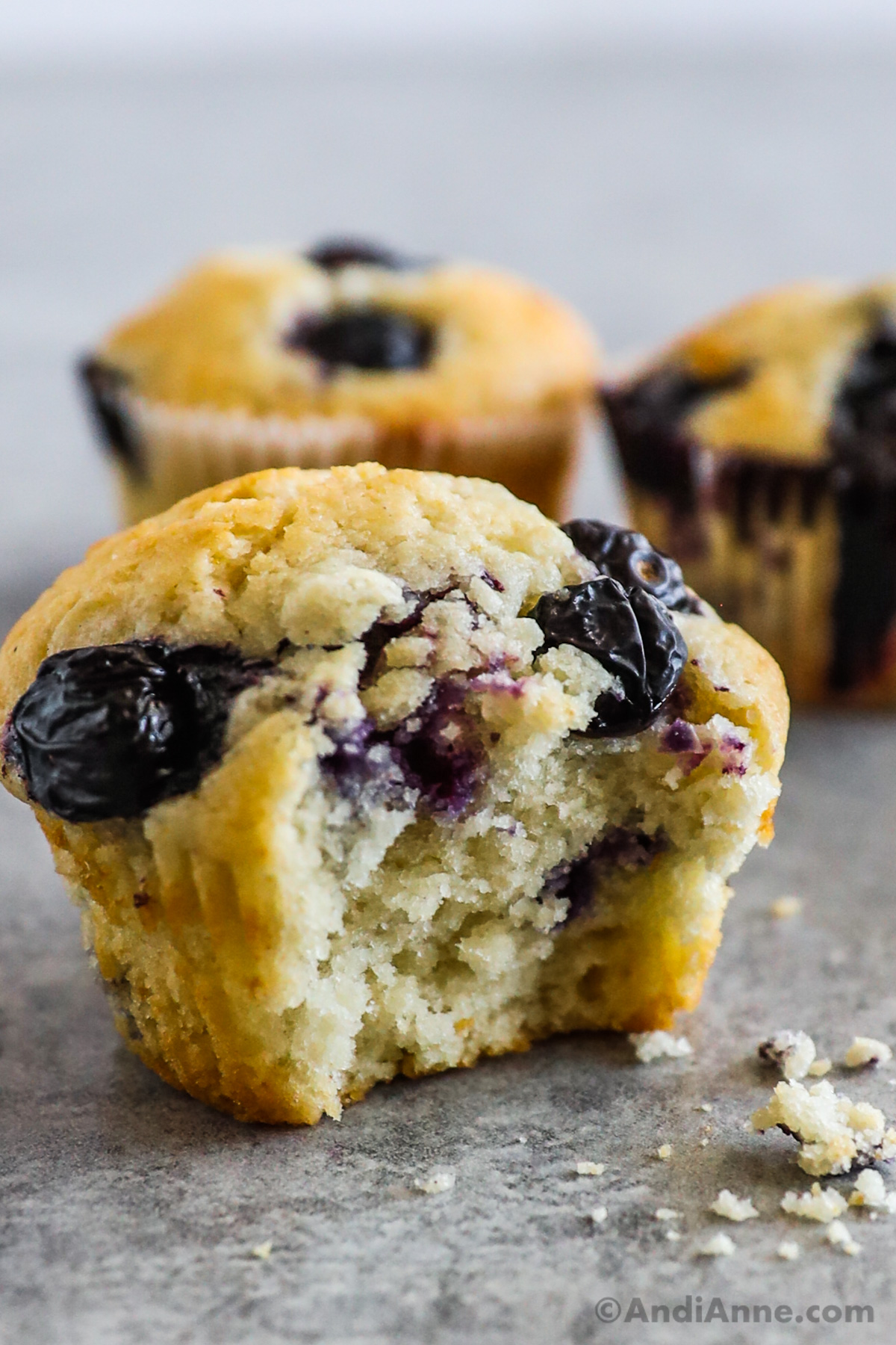 Close up of blueberry muffin with a bite taken out.