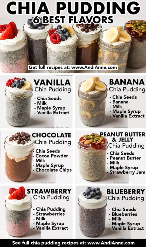 Six chia pudding flavors including vanilla, chocolate, banana, peanut butter and jelly, strawberry and blueberry. All with toppings including greek yogurt and fresh fruit. Each has a list of ingredients to make the flavor beside each one