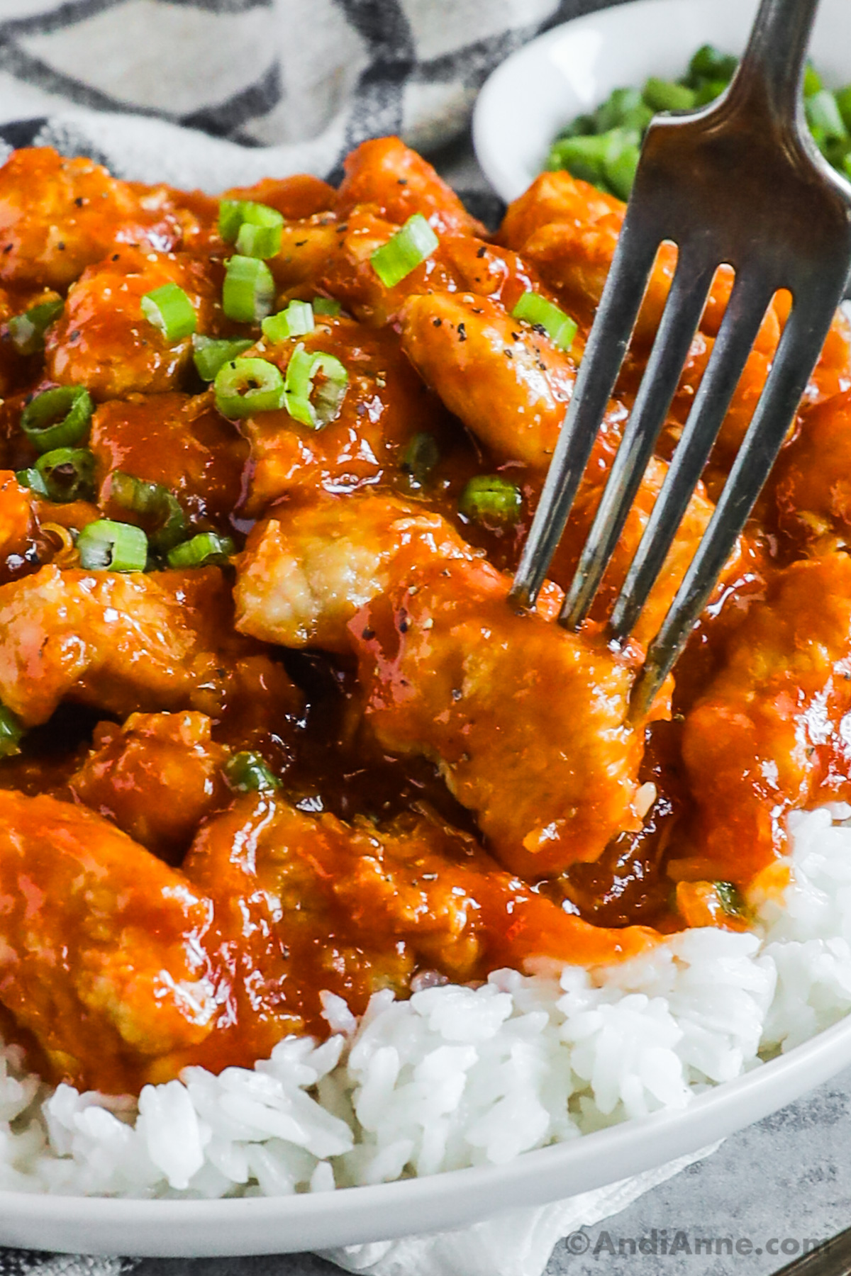 Close up of a fork in sweet and sour chicken pieces and rice.