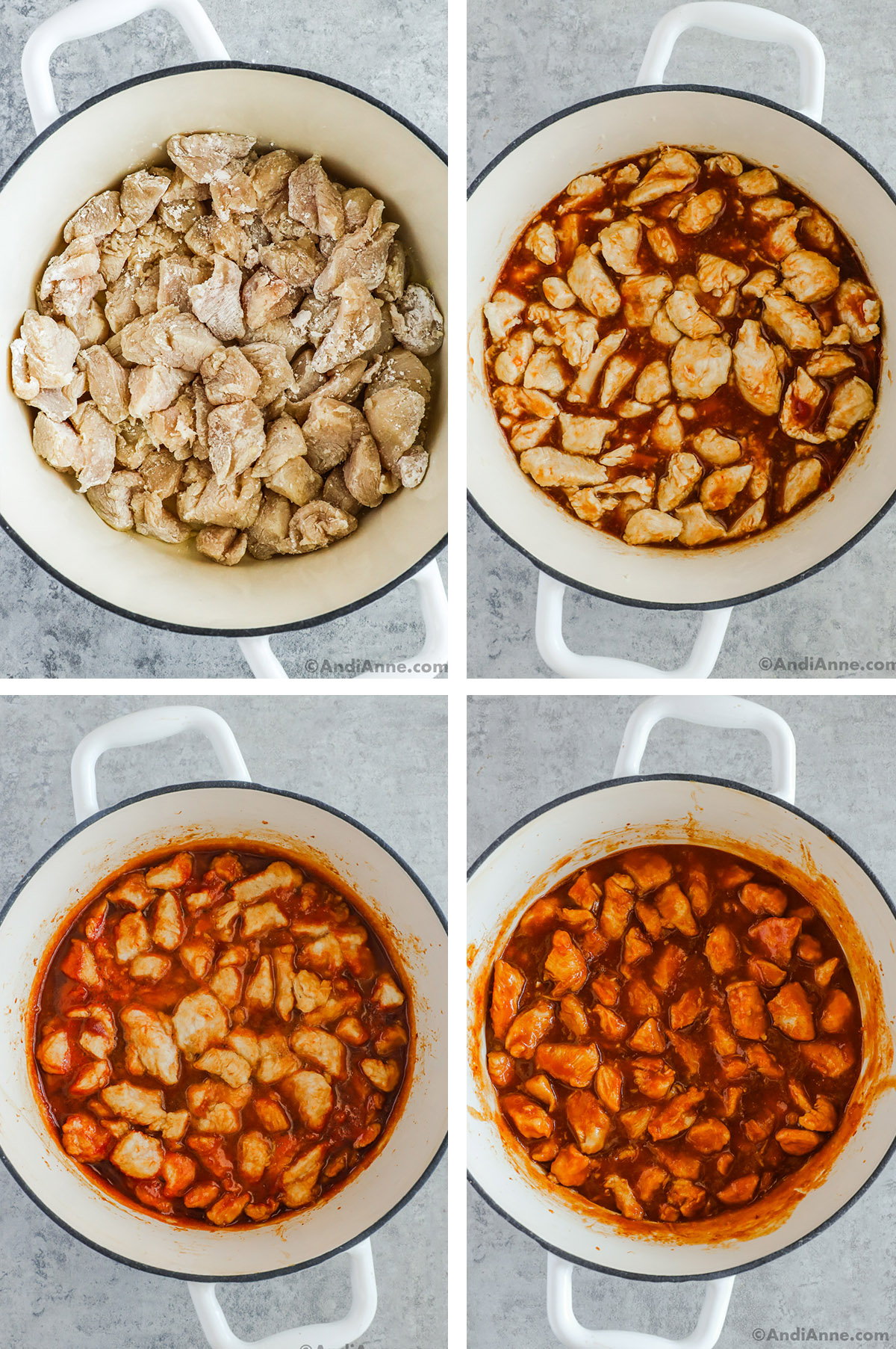 Four images of a pot. First with raw chicken covered in cornstarch. Second with sauce added to chicken pieces, third and fourth with cooked chicken pieces with thickened sauce.