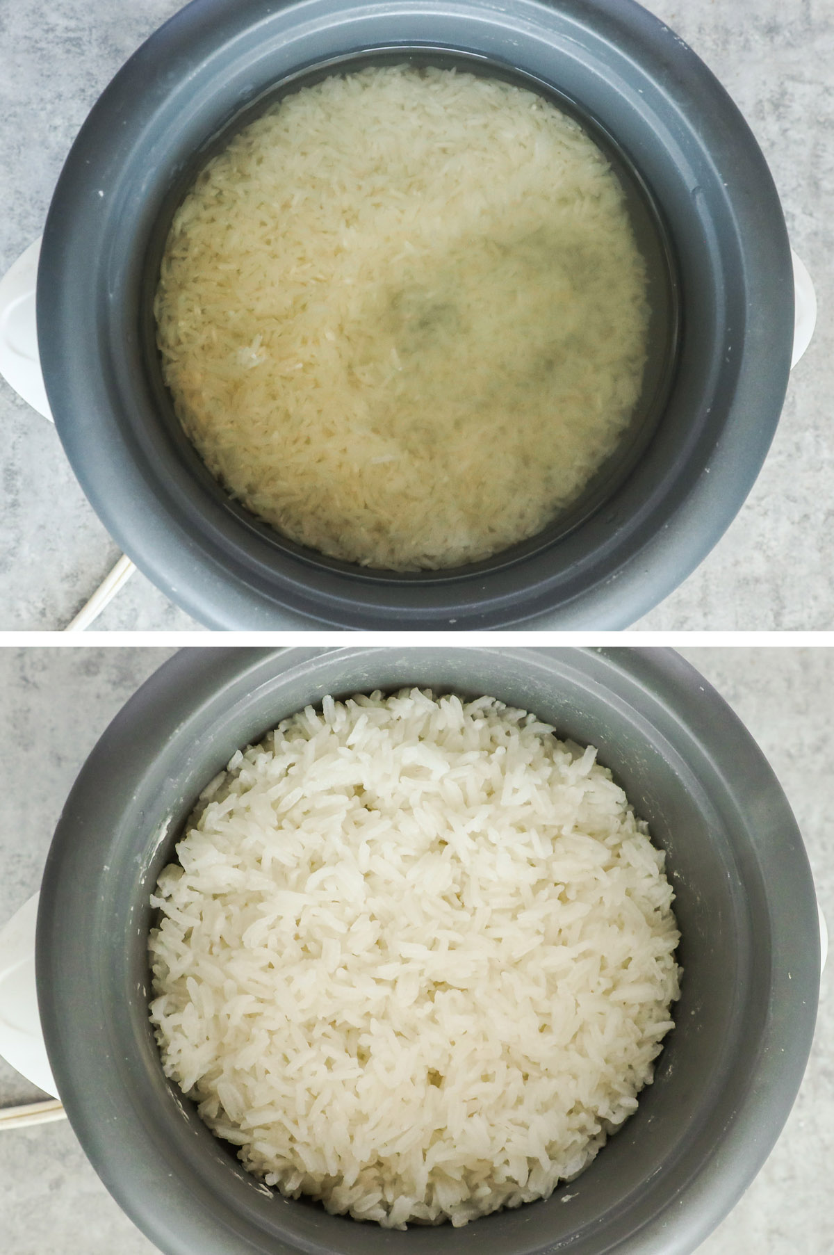 Two images of a rice cooker. First with uncooked rice and water. Second with cooked rice.