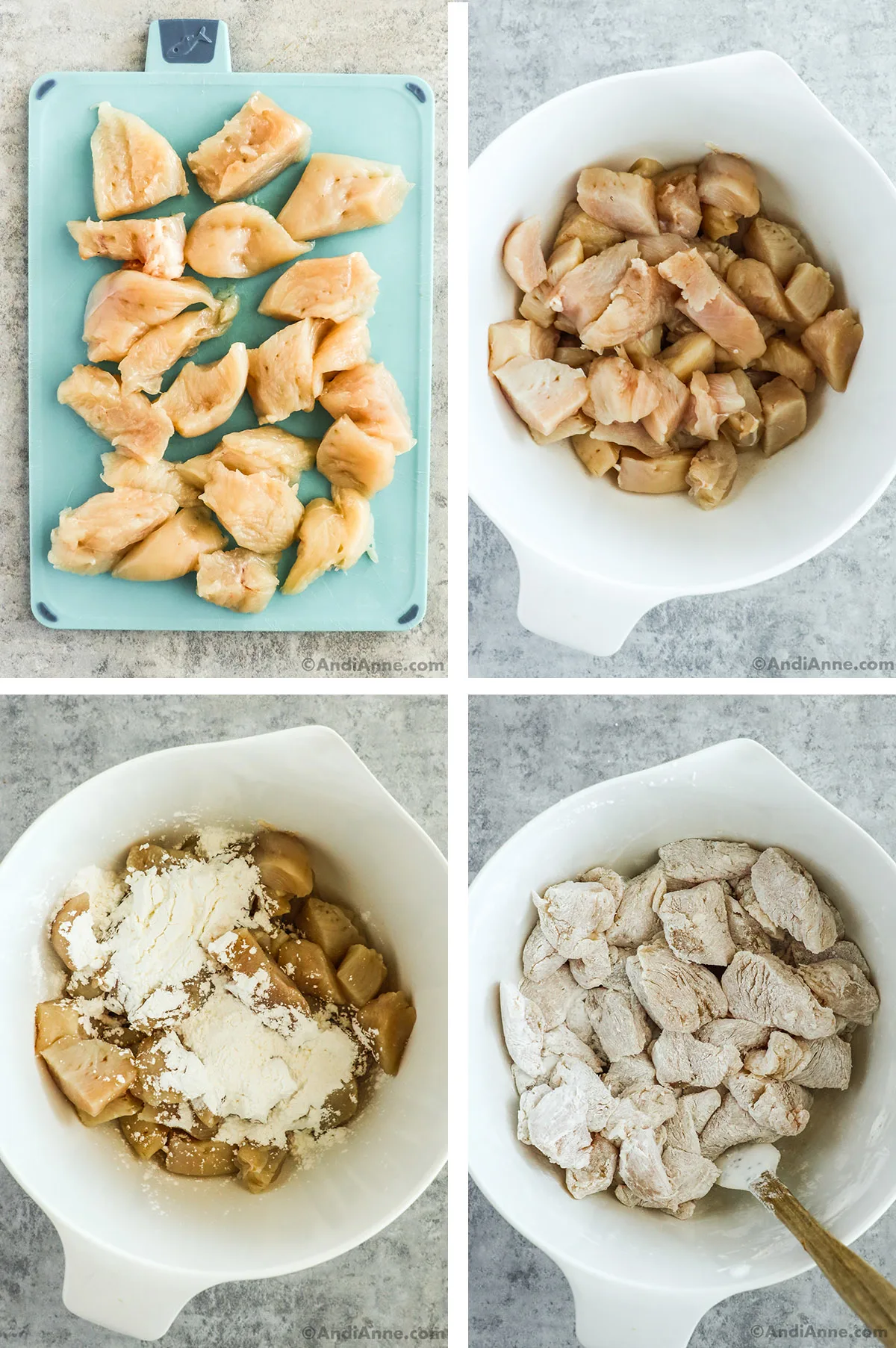 Four images grouped together of chopped raw chicken. First is chicken on cutting board, second in bowl, third with cornstarch dumped on top, fourth with corntarch tossed with chicken.