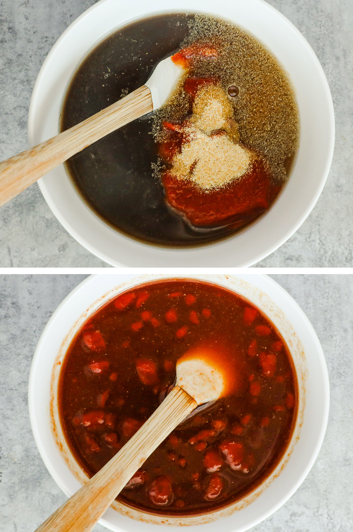 Two images of a bowl with liquid ingredients, spices unmixed. Second with ingredients mixed together to create a sauce.