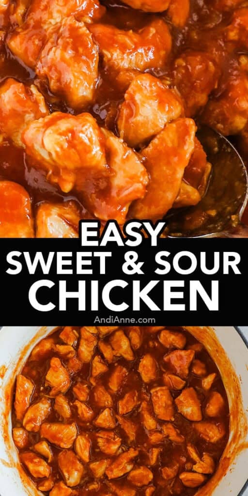 A pot of sweet and sour chicken bites in a red sauce