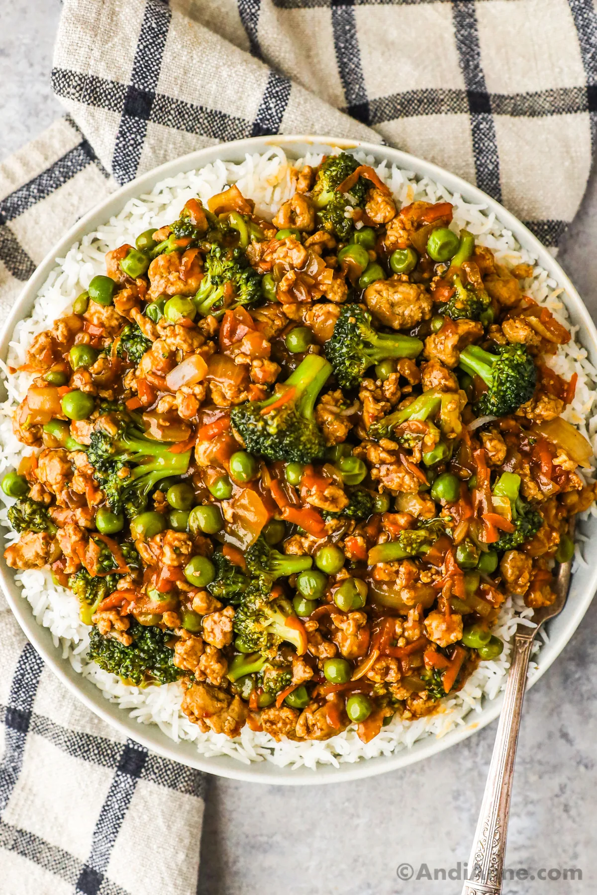 A plate of rice with teriyaki ground turkey broccoli peas recipe on top.