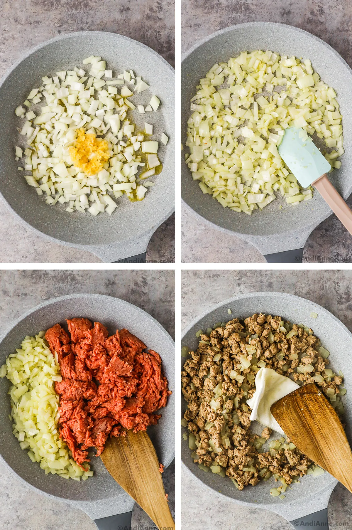 Four images of a frying pan. First is chopped onion and minced garlic, second is cooked chopped onion. Third adds raw ground turkey. Fourth is crumbled ground turkey mixed with the onions.
