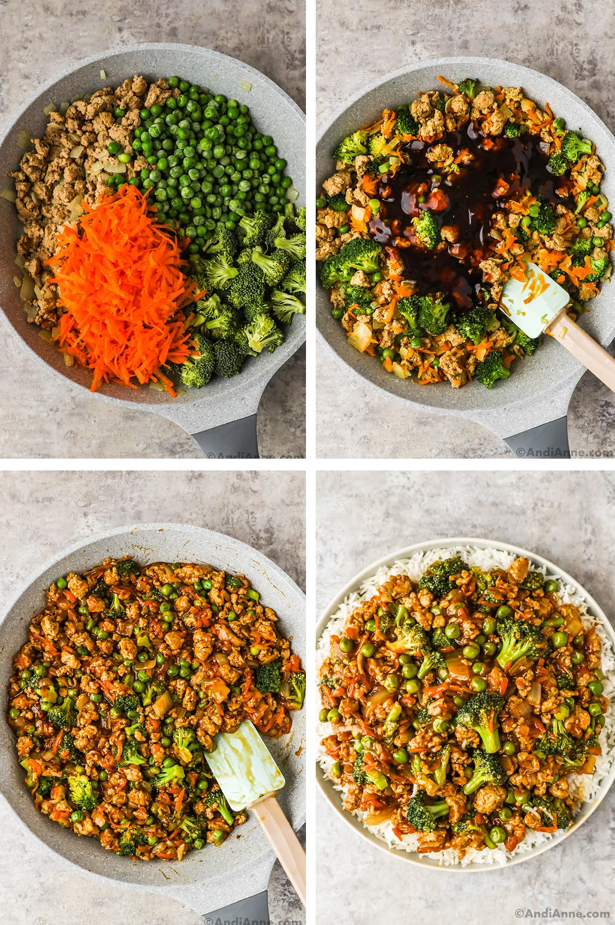 Four images of a frying pan. First is frozen peans, shredded carrots and broccoli florets dumped over cooked ground turkey. Second are ingredients mixed together with teriyaki sauce poured on top. Third is ingredients mixed together. Fourth is ground turkey with broccoli and peas over rice. 