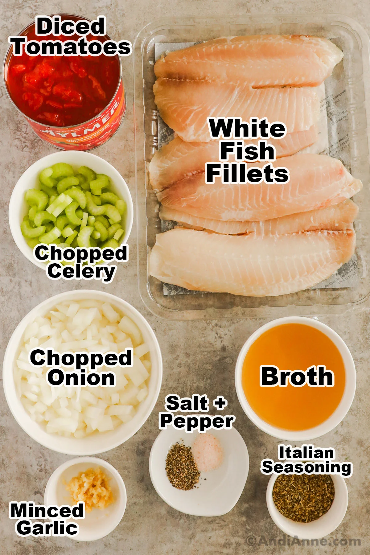 Recipe ingredients including white fish fillets, canned diced tomatoes, chopped celery, chopped onion, broth, italian seasoning, salt and pepper.